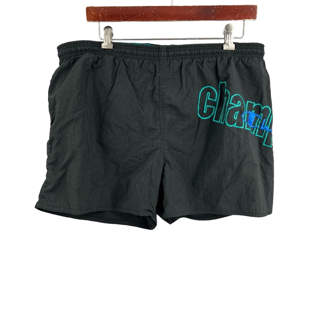 Vintage Champion Men’s Swim‎ Shorts Black Elastic Waist Embroidered Logo Medium